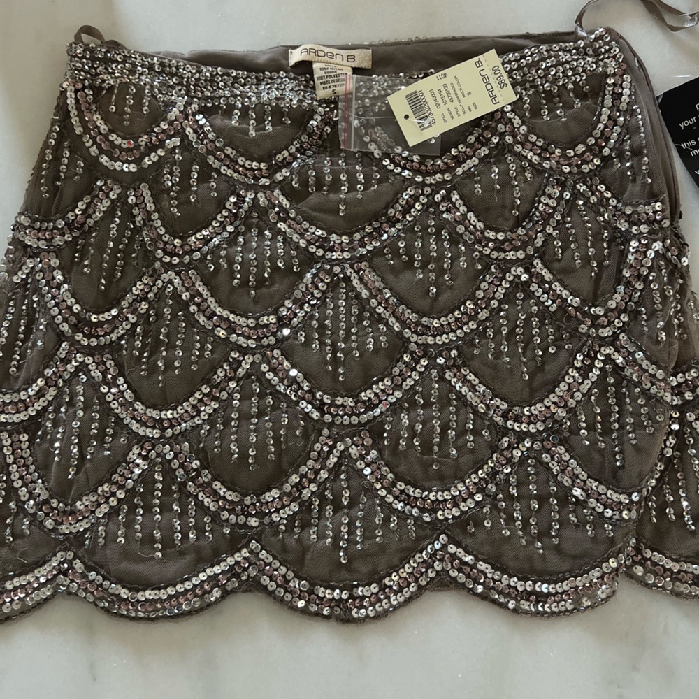 Arden B Taupe Sequin Scallop Mini Skirt